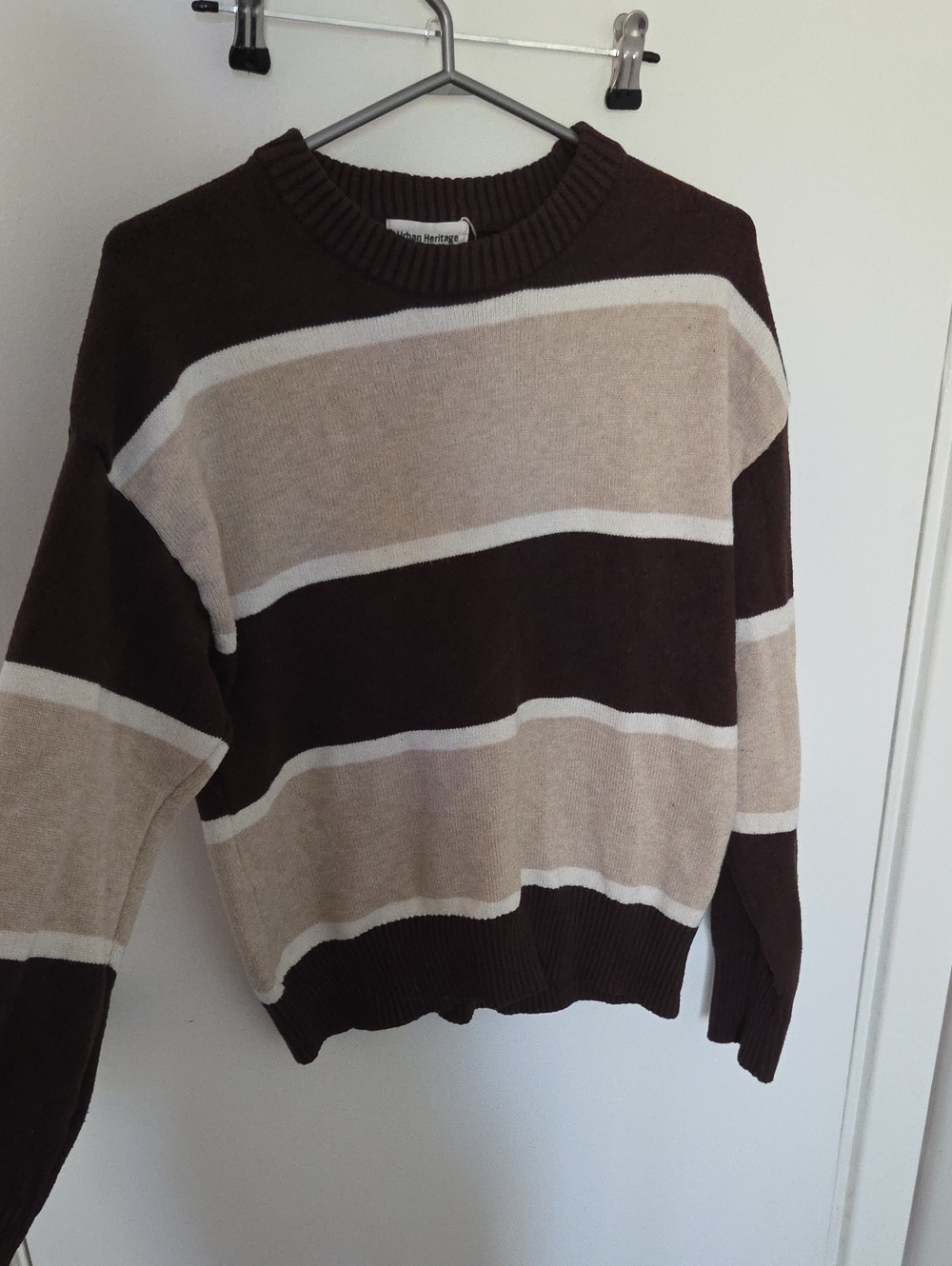 Urban Heritage Brown, Beige & White Striped Crewneck Sweater